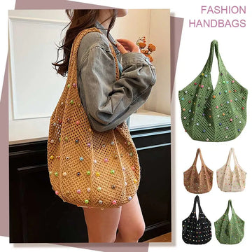 Women Boho Crochet Bag with Colored Beads Aesthetic Knit Bag Large Capacity Knitted Tote Handbag Ladies Daily Handbag