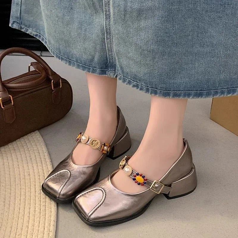 Shoes for Women Block Heel Square Toe Mary Jane Chunky Heels Moccasins Japanese Style Lolita Woman Pumps Gothic 2025 Trend Young
