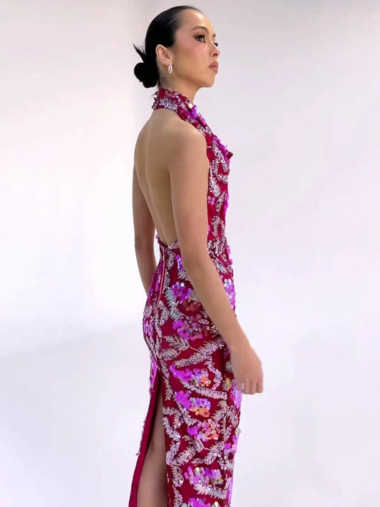 VC Sexy Halter Luxury Sequins Appliques Midi Dress Women Sleeveless Backless Bright Sequined Slim Evening Party Cocktail Gowns