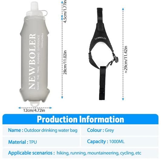 NEWBOLER TPU Soft Water Bottle 800/1000ml Ultra Lightweight Foldable Wristband Fixed Anti Slip Outdoor Running Soft Water Bottle