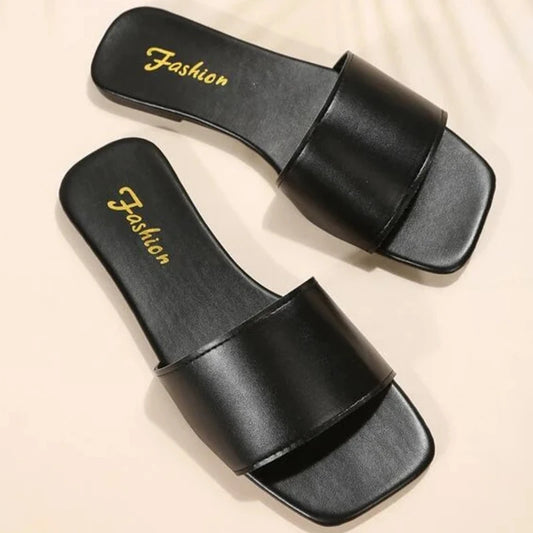 Fashion Minimalist Single Band Slide Sandals Solid Color Women Slippers Summer New Outdoor Sandy Beach Open Toe Flat Shoes Party