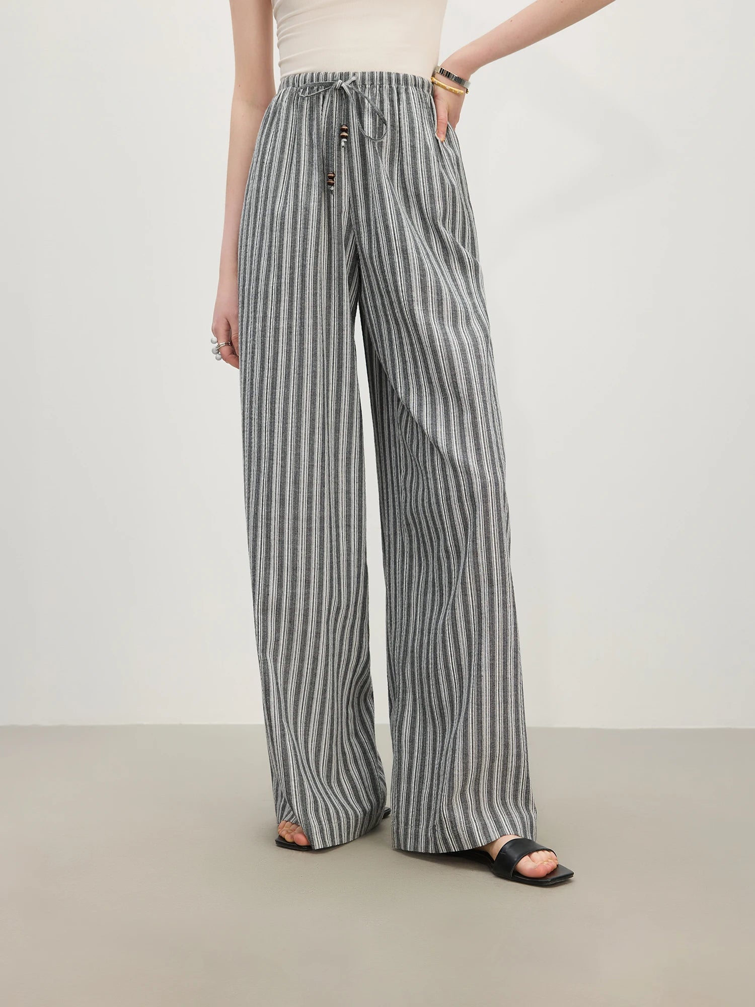 Black White Striped Pants High Waist Loose Drape Straight Pants Women