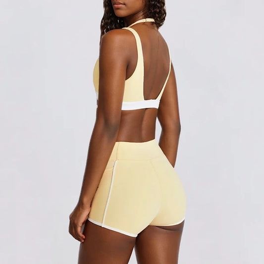 SVEIC Yoga Shorts Sets Fake Two-Piece Sports Bras V-Neck Hanging Neck Fitness Contrast Color Workout Running Gym Woman Clothing