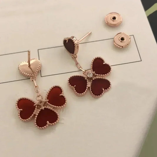 Sterling Silver High Quality Exquisite Red Agate Four-Leaf Clover Love Earrings Necklace Women Morale Luxury Jewelry