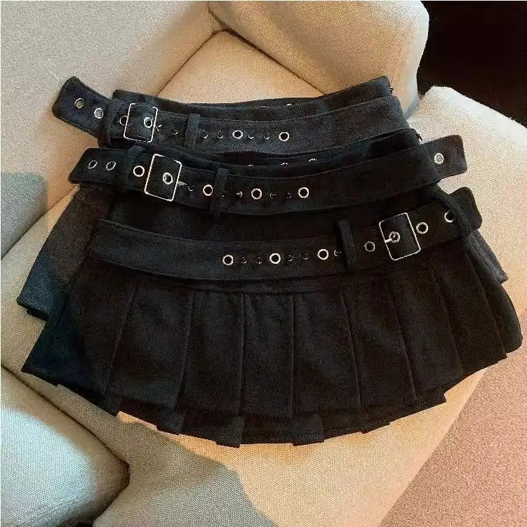 New fashion design double belt pleated skirt for women in summer Korean style versatile high-waisted slim short skirt