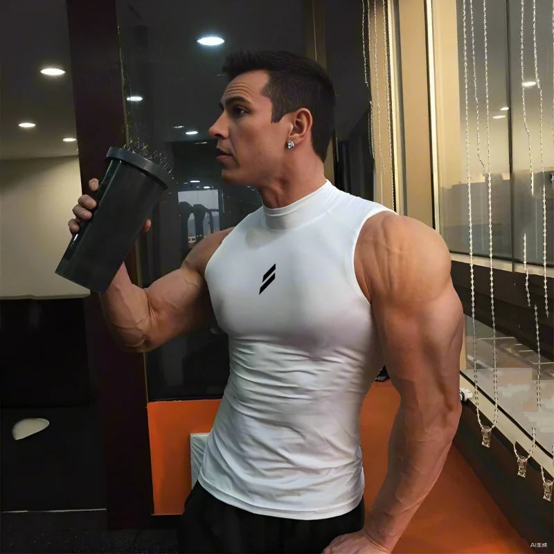 Compression Shirt Summer Men Gym Tank Tops Muscle Fitness Clothing Turtleneck Sport Sleeveless T Shirt Bodybuilding Running Vest