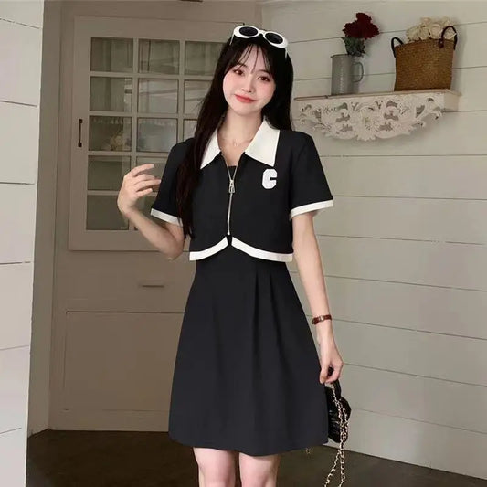 Women Summer Simplicity Office Lady Solid Color Large Size Dresses Ladies Temperament All-match Short Sleeve Coat Two-piece Set