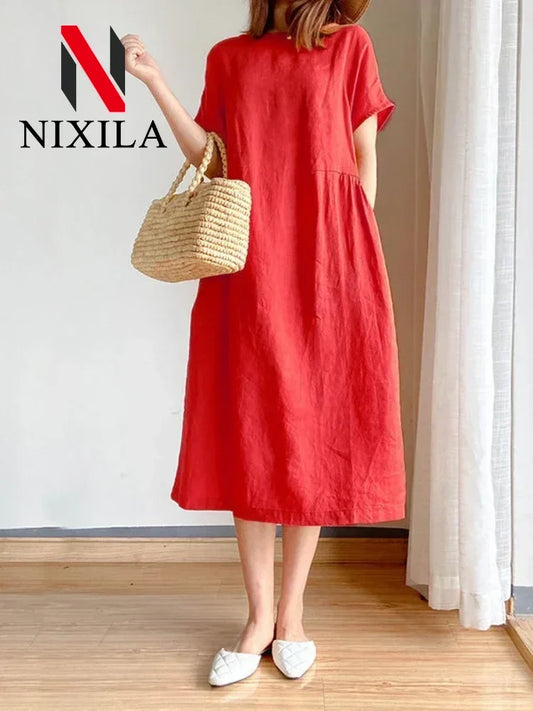 New in Spring Summer Women's Dress Elegant Casual Loose Short Sleeve Tops A-LINE Oversize Solid Midi Dresses for Women Clothing