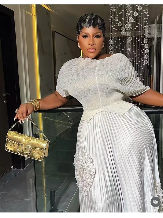 2 Piece Sets Woman Outfit Luxury Elegant Plus Size Pleated Tops and Skirts Women Casual Luxury Party Clothing Female Long Skirt