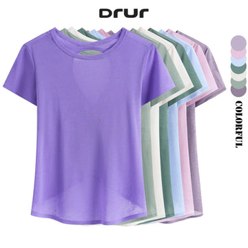 DRUR Women Thin Summer Sweatshirt Quick Dry Yoga Shirts Open Back Athletic Gym Slouchy Crop Running Tees Sports Tops Activewear
