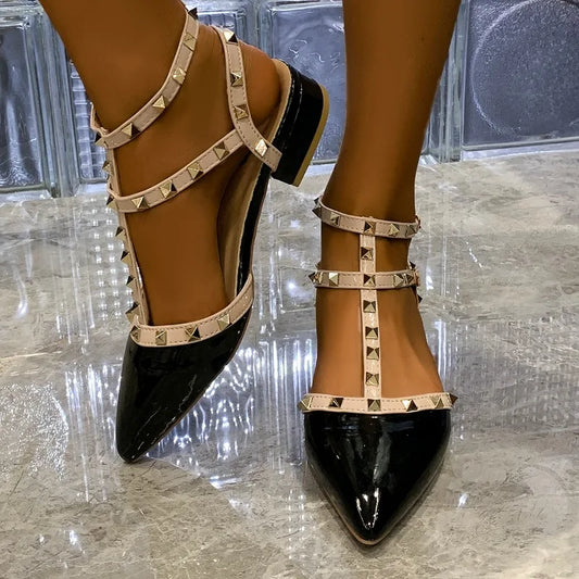 2025Ankle Strap Cut Out  Studded Rockstud Patent Leather Rivet Flats T-Strap Buckle Walking Soft Women Shoes Travel Size