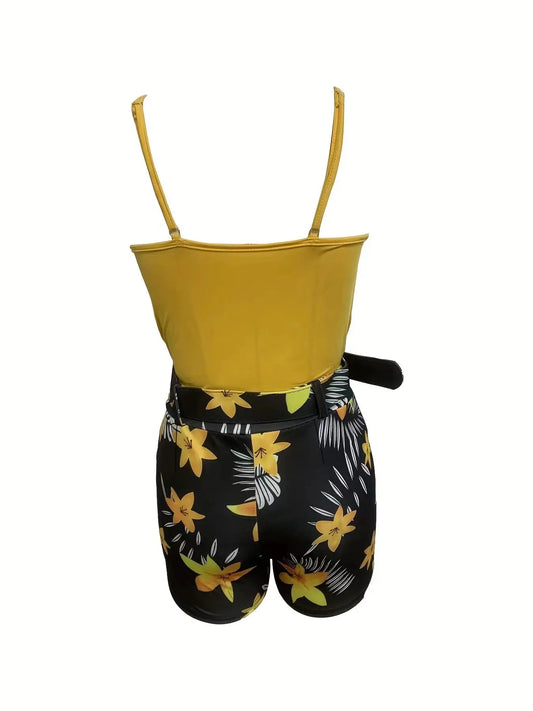 European and American Cross-border New Women's Clothing V-neck Camisole and Plant Print Shorts Set with Belt