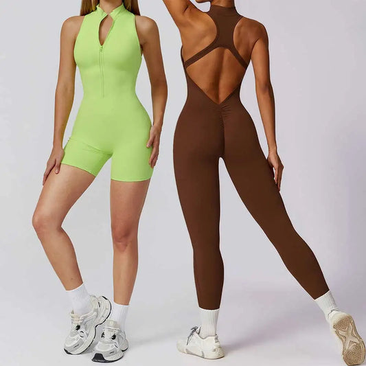 Scrunch Sports Overalls Gym Jumpsuit Women's Fitness Suit Short Sets for Woman Tracksuit Yoga Clothing Zipper Workout Sportswear