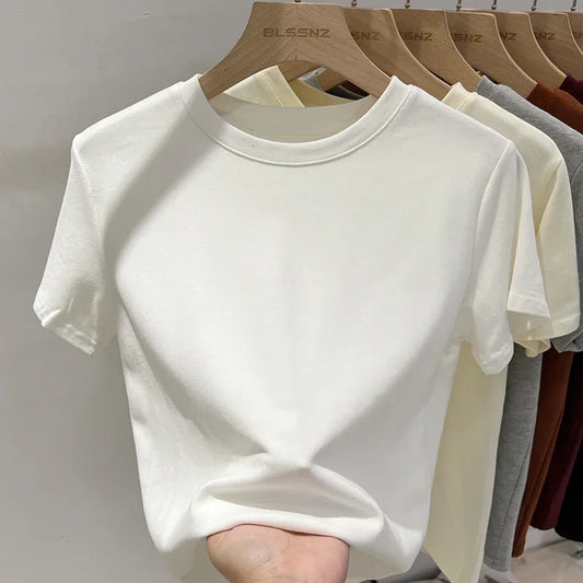 AOSSVIAO 2025 100% Cotton Solid T-shirts Women Short Sleeve Tees Fashion Casual White Black Clothing O-Neck Female Summer Tops