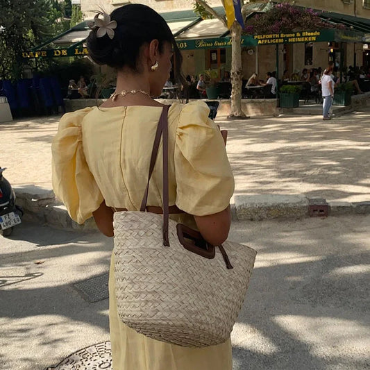 Womens Puff Sleeve Party Dress Ladies 2025 Hollow Waist High Street Summer Dress Elegant Solid Square Collar Holiday Long Dress