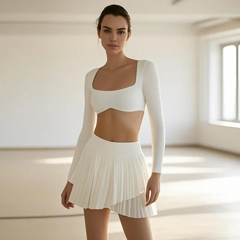 Sean Tsing Yoga Gym Two Picec Sets Women Sexy Sleeveless Angled Shoulder Pleated Tops High Wasit Pant Fitness Training Tracksuit