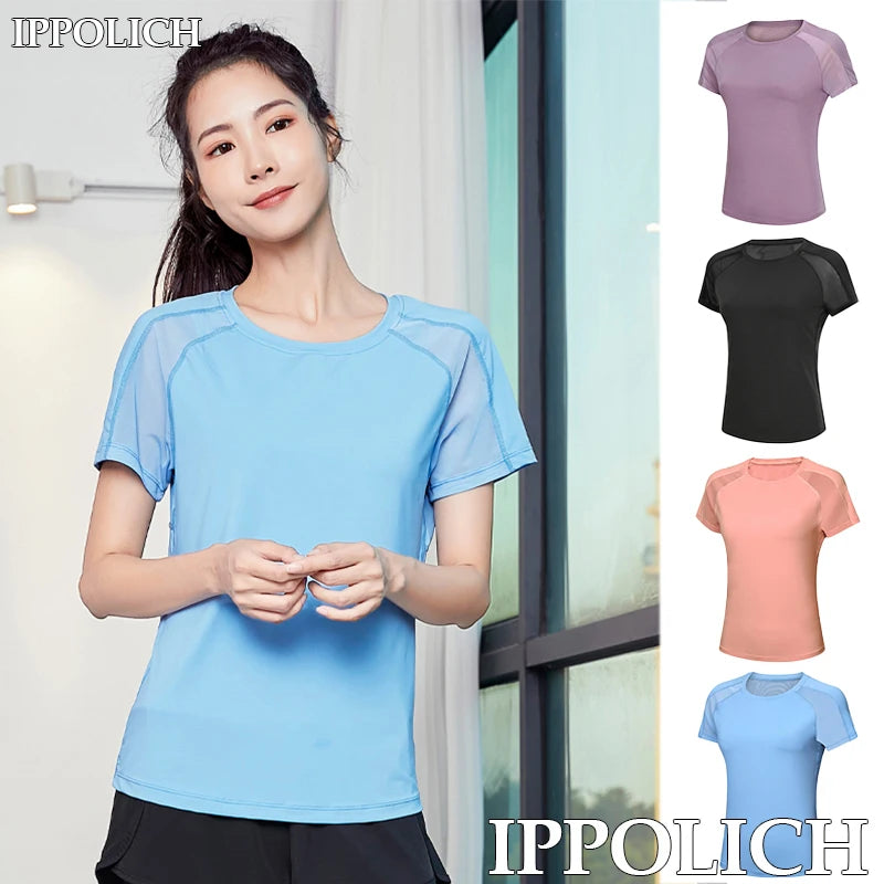 Women Yoga T-Shirt Sport Dry Fit Mesh Yoga Gym Short Sleeves Comfortable Dry Lightweight Breathable Elastic Yoga Short Sleeves