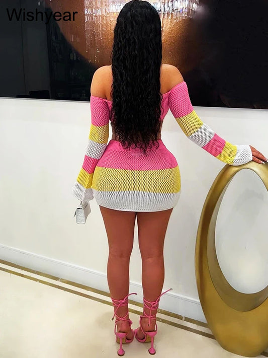 Fashion Summer Heart Print Knit Crochet 2 Two Peice Dress Sets Women Long Sleeve Crop Top and Mini Skirts Beach Vacation Outfits