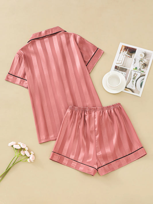 Striped jacquard satin pajama set for women short-sleeved blouse with lapels and loose shorts loungewear for women