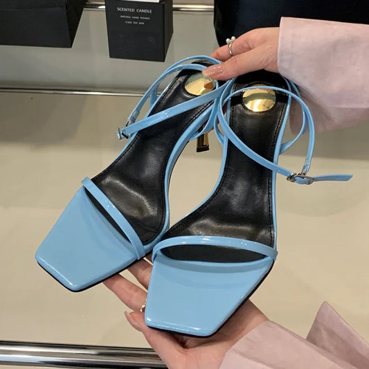 Eilyken New Summer Fashion Narrow Band Square Toe Women Sandal Gladiator Thin Heel Dress Shoes Zapatos De Mujer