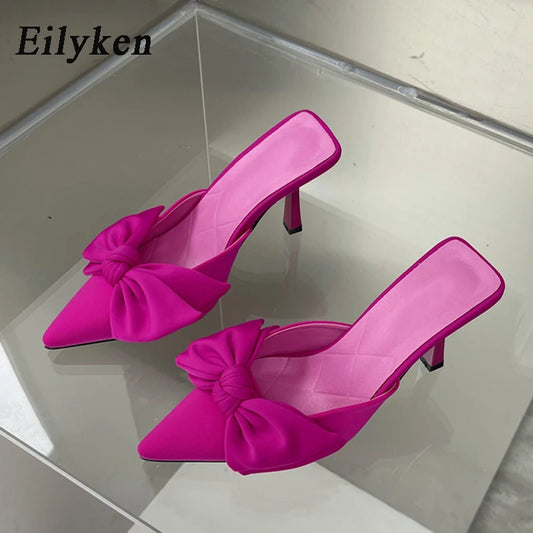 Eilyken Autumn Big Butterfly-knot Women Slippers Sandals Shallow Pointed Toe Mules Stripper High Heel Pumps Ladies Shoes