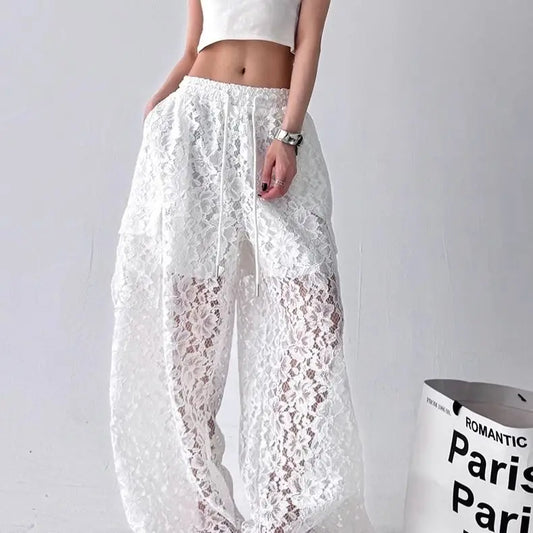 Lace Cargo Pants Women Clothes Fashion Hip Hop Vintage Sexy Streetwear Women Clothes Casual Wide-leg Sweatpants Women Trousers