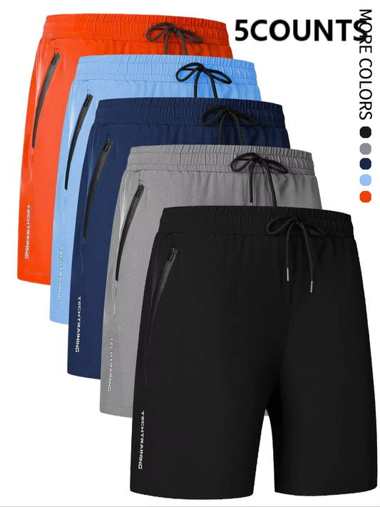 Men's Five-Piece Shorts, Sports, Fitness, Swimming, with Zipper Pockets, Quick-Drying, Casual, Breathable, Drawstring Shorts, Suitable for Summer Outdoor Sports, Fitness Training, Home Leisure, Beach Vacation
