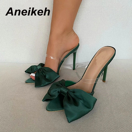 Aneikeh Summer Silk Butterfly-Knot Mule High Heels Women's sandal Pumps 2025 Sexy Pointed Toe Slingbacks Ladies Party Shoe 35-42