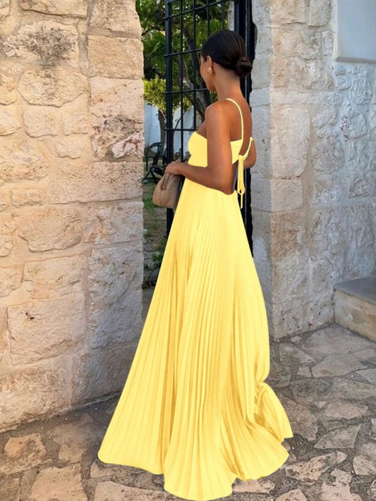 2025 New Women's Fashionable and Elegant Summer Camisole Beach Vacation Long Dress Elegant Backless Pleated Long Dress