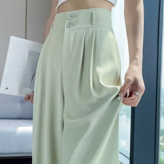 New Spring Summer Button High Waist Wide Leg Pants for Women White High Waist Straight Loose Full Length Trousers Female