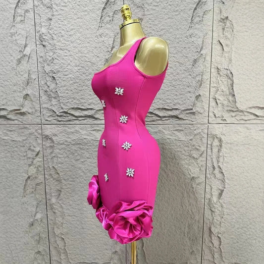 Women Sleeveless Sexy Square Collar Shinning Crystal Ruffles Bodycon Mini Bandage Dress Nightclub Party Birthday Wear