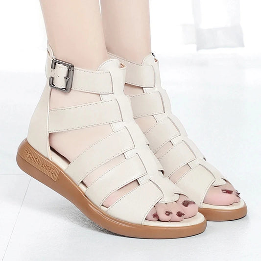 Fashion Summer Sandals Women Split Leather Open Toe Buckle Flat Casual Sandals Ladies Concise Roman Shoes