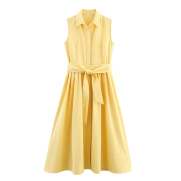 2025 New Summer Women's Casual Fashion Simple Gentle Wind Lapel Short Sleeve with Belt Shirt Long Dresses