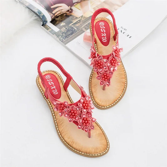 YAERNI Women Sandals New Fashion Bead Flower Round Toe Flip-flop Sandals Female Trend Summer Shoes Woman Plus Size 36-42
