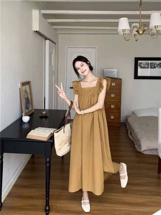 Cute Sweet Casual Korean Thin Summer Solid Fashion Loose Sleeveless Long Dress Square Collar Women's Clothing 2025 New Dresses