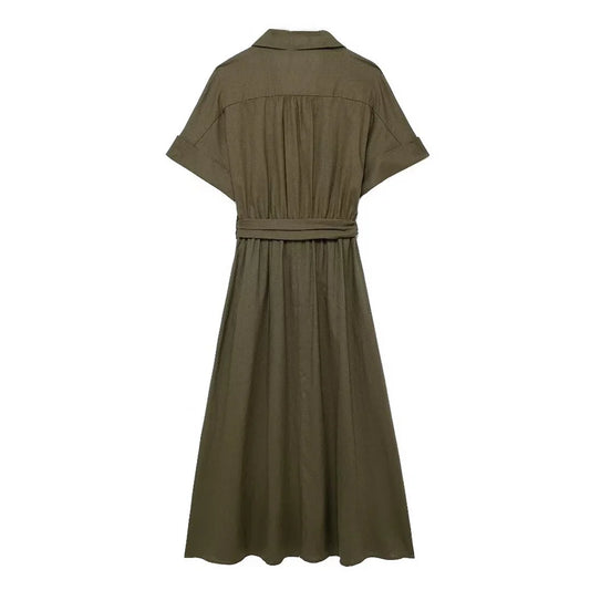 2024ZAR Summer New Women's Wear European and American Style Fashionable Minority Linen Blended Midi Shirt Style Dress