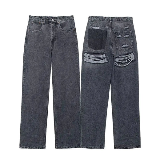 Women's Street Fashion Denim Blue Jeans Distressed Patchwork High Waist Zipper Fly Ripped Retro Long Pants