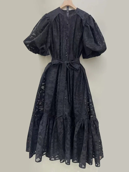 VGH Fashion Patchwork Bow Mesh Dresses for Women Round Neck Long Sleeve Spliced Embroidery Temperament Dress Female Clothing New