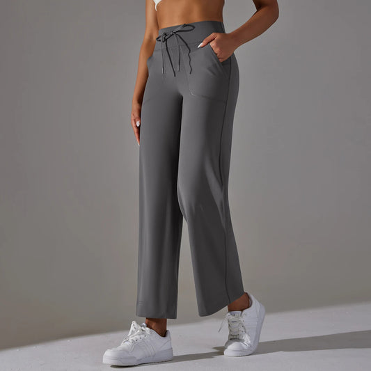 Women Leggings Wide Leg Flare Pants With Pockets Drawstring Sports Trousers High Waist Flared Yoga Leggings Fitness Running Jogg