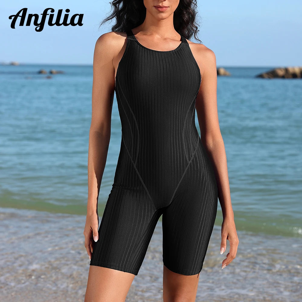 Anfilia Women One-Piece Sports Swimsuit Solid U-Necl High Elastic Racerback Boy Leg Professional Training Bathing Suit