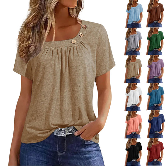 2024 Summer Casual T-shirts For Women Fashion Button Solid Basic Top Tees Streetwear Short Sleeve V Neck Oversized Clothing