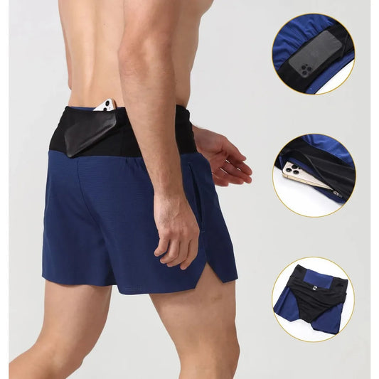 Marathon Running Shorts Men 2 In 1 Quick Dry Workout Training Fitness Jogging Multi-Pocket Man Gym Sport Shorts with Waist Pouch