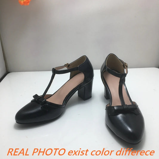 Girseaby women's sandals thick high heel bow mary shoes Pointed Toe buckle girl party shoes yellow black Plus size 46