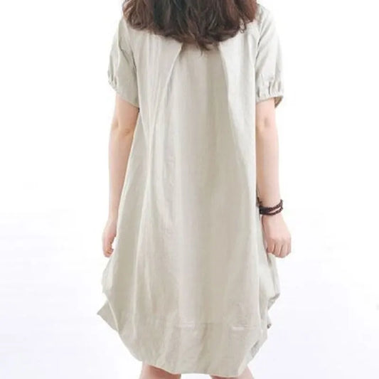 Women's Clothing Solid Color Dresses Casual Loose Round Neck Summer Short Sleeve Pockets A-Line Commute All-match Midi Dress New
