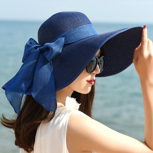 Summer Women Big Brim Straw Bow Hat Sun Fashion Wide Brim Floppy Panama Cap Outdoor Foldable Uv Protect Travel Femme Beach Hats