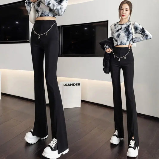 Spring New Slim Chain High Waist Flare Female Fashion Solid Color Elastic Waist Black Wide Leg Pants Women Clothes Pants