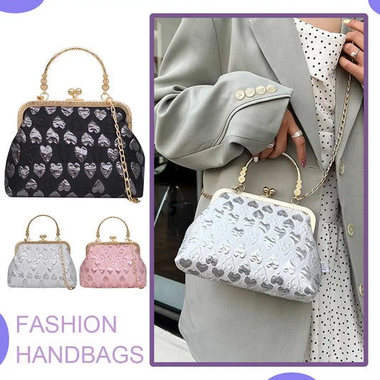 Women Evening Clutch Purses Heart Pattern Vintage Evening Bag Chain Strap Chic Crossbody Bag Top Handle Bag for Weddings Parties