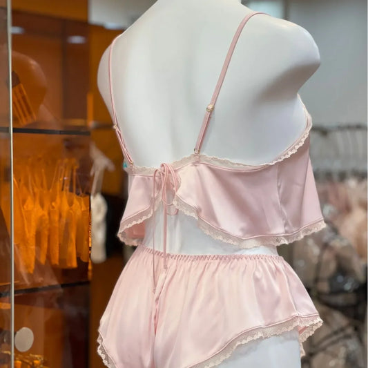 French Pajama Set Women Sexy V-Neck Loungewear Sleeveless Screw Neck Top & Shorts Female Sleepwear Summer Nightwear Homewear