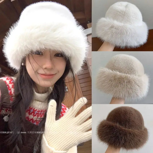 Korean Fluffy Faux Fur Bucket Hat For Women Girls Winter Warm Plush Fisherman Hat Windproof Thicken Cold Snowy Day Panama Cap