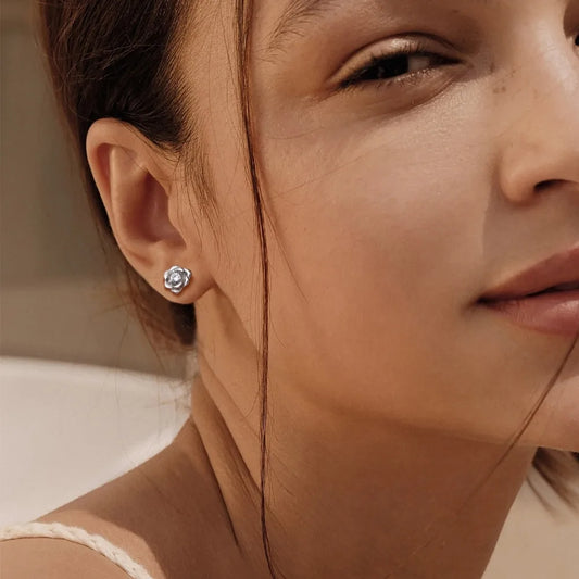 U7 925 Sterling Silver 3D Rose Stud Earrings for Woman Round CZ Flower Charm Push Back Stud Earring Dainty Daily Jewelry